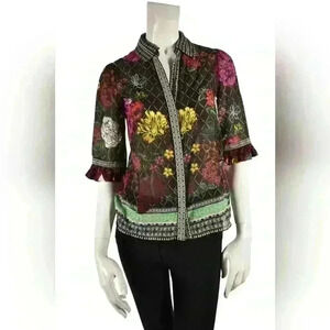 ALICE + OLIVIA Black Floral Stained Glass Window Silk Short Sleeve Blouse XS